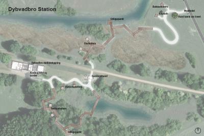 På billedet ses et tegnet kort over Dybvadbro Station  forbindelse med etablering af nye shelters omkring stationen