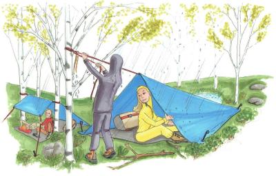 Illustrationen viser en person, der bygger en bivuak i skoven