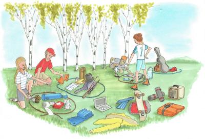 Illustrationen viser nogle børn, der pakker tasker til en tur i skoven