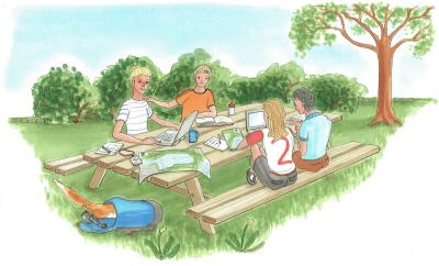 Illustrationen viser 4 børn, der sidder ved en bænk og planlægger en tur i det fri