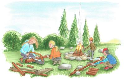 Illustrationen viser 4 børn, der saver brænde i naturen