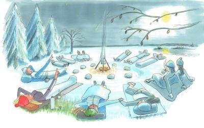Illustrationen viser en masse børn, der ligger i soveposer om en bål og ser på stjernehimlen