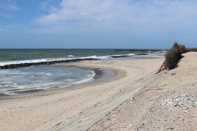 På billedet ses en strand med kystsikring á sten