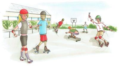 Illustration af en masse børn, der står på rulleskøjter og skateboard