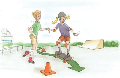 Illustration af to piger. Den ene holder den anden i hånden imens vedkommende står på skateboard 