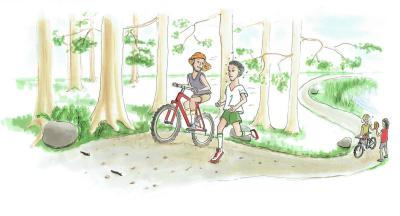 Illustration af en pige, der cykler op af en bakke. ved siden af hende løber en dreng