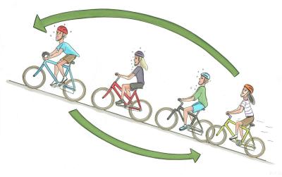 Illustration af 4 børn, der cykler op ad bakke