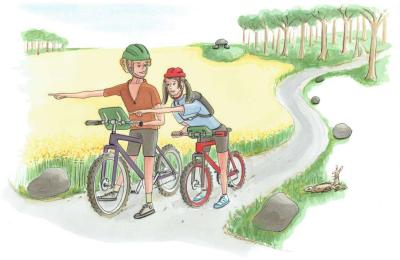 Illustration af en dreng og en pige, der er ude at cykle - de er stoppet op og forsøger at finde vej