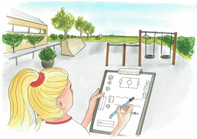 Illustrationen viser en pige bagfra, der tegner en forhindringsbane på en blok, hun holder i hånden