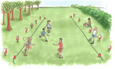 Illustrationen viser en masse børn, der leger fangeleg på et græsareal med optegnede linjer,  hvor man skal komme fra den ene til den  anden side