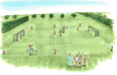 Illustrationen viser en stor boldbane, hvorpå der løber børn og leger