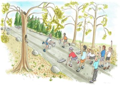 Illustrationen viseren masse børn, der leger stafet på en grusvej i skoven