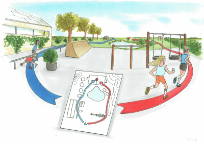 Illustrationen viser et orienteringskort til et stjerneløb. i baggrunden løber en pige og en dreng