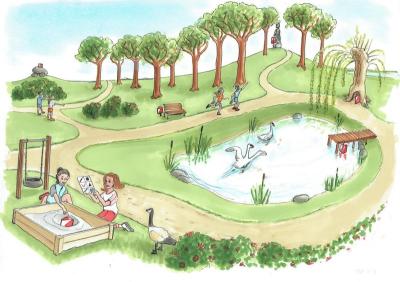 Illustrationen viser et landskab med en sø. rundt om er der træer. til venstre på tegningen sidder to piger og leger i en sandkasse