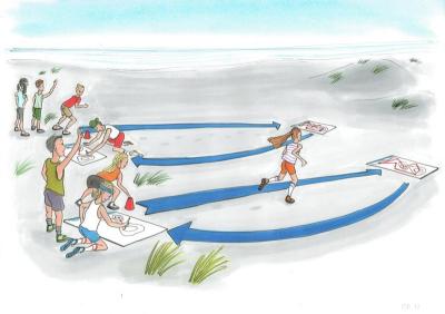 Illustrationen viser børn, der leger stafet på stranden
