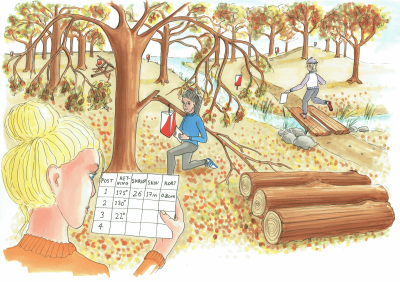 Illustrationen viser nogle unge børn, der løber og orienterer sig i skoven. Det er efterår og bladene er brune