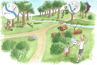 Illustrationen viser børn, der leger orienteringsløb i skoven