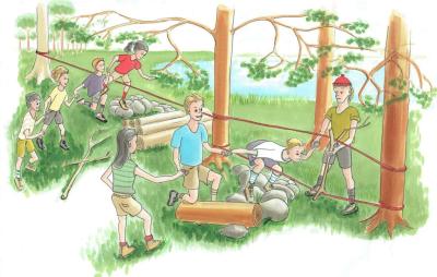 På billedet ses en illustration af børn, der leger i skoven på en line
