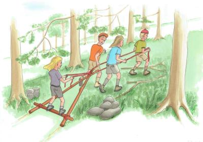 Illustration af børn, der bygger en vogn af kæppe, som de 'kører' rundt i i skoven