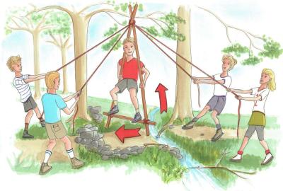 Illustration af børn, der leget ' balance-leg' i skoven
