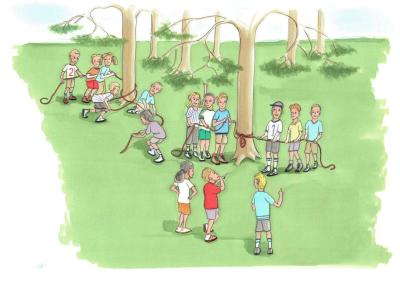 På billedet ses en illustration af en masse børn, der leger med et tov i skoven
