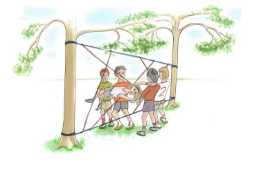 Illustration af børn, der har lavet edderkoppespindt af reb mellem to træstammer, som de leger i