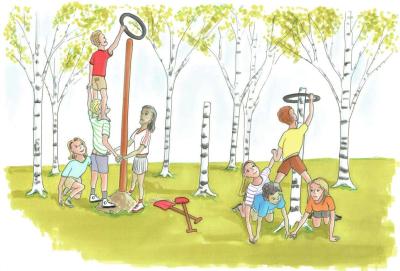 Illustration af børn, der leger i skoven