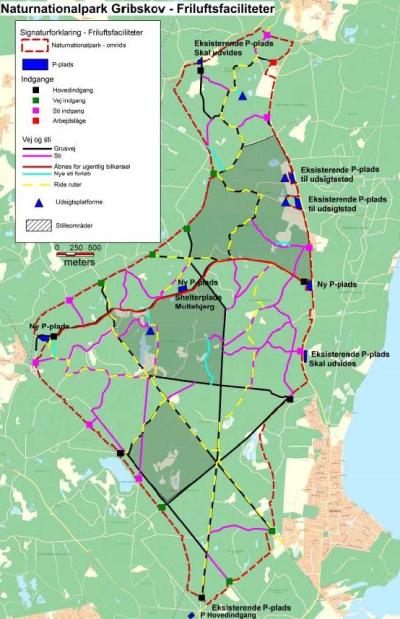 kort over friluftsfaciliteter og infrastruktur i naturnationlapark gribskov