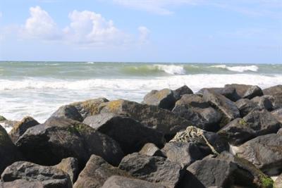Billede af kystsikring. Stenssikring ses i forgrunden og havet set i baggrunden