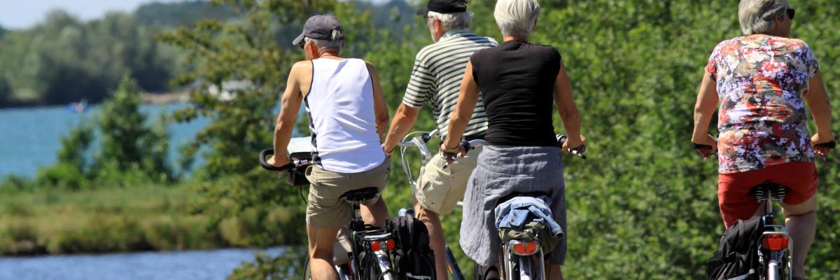 På bileldet ses 4 pensionister på cykeltur i det danske sommerlandskab. De bærer alle somemrtøj og har ryggen mod kameraet