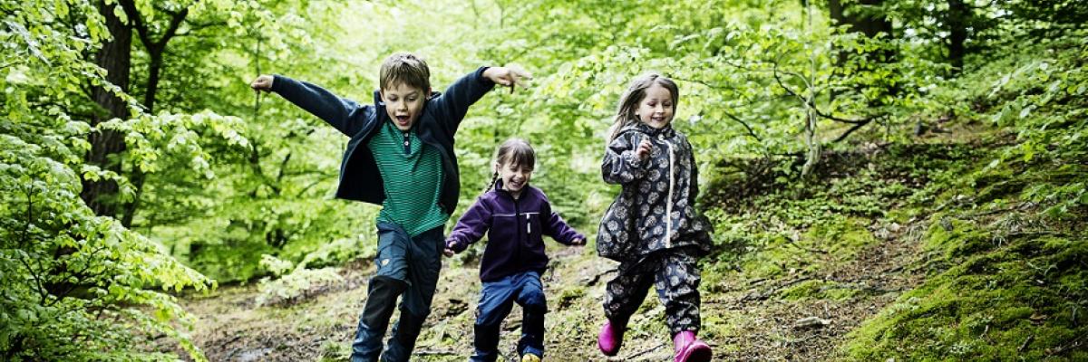 tre børn hopper i skoven