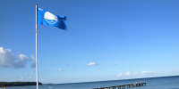 Blå badevandsflag i flagstang på strand i sommervejr blå flag