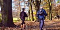 Ældre par går stavgang i efterårskov friluftsliv for ældre