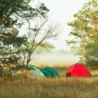 På billedet ses tre-fire opslåede telte på en eng