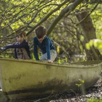 To drenge kravler rundt i en forladt robåd i kanten af skovsø